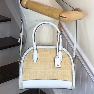 KATE SPADE White Leather Rattan Two Top Handle Tote Zipper Closure Crossbody Bag